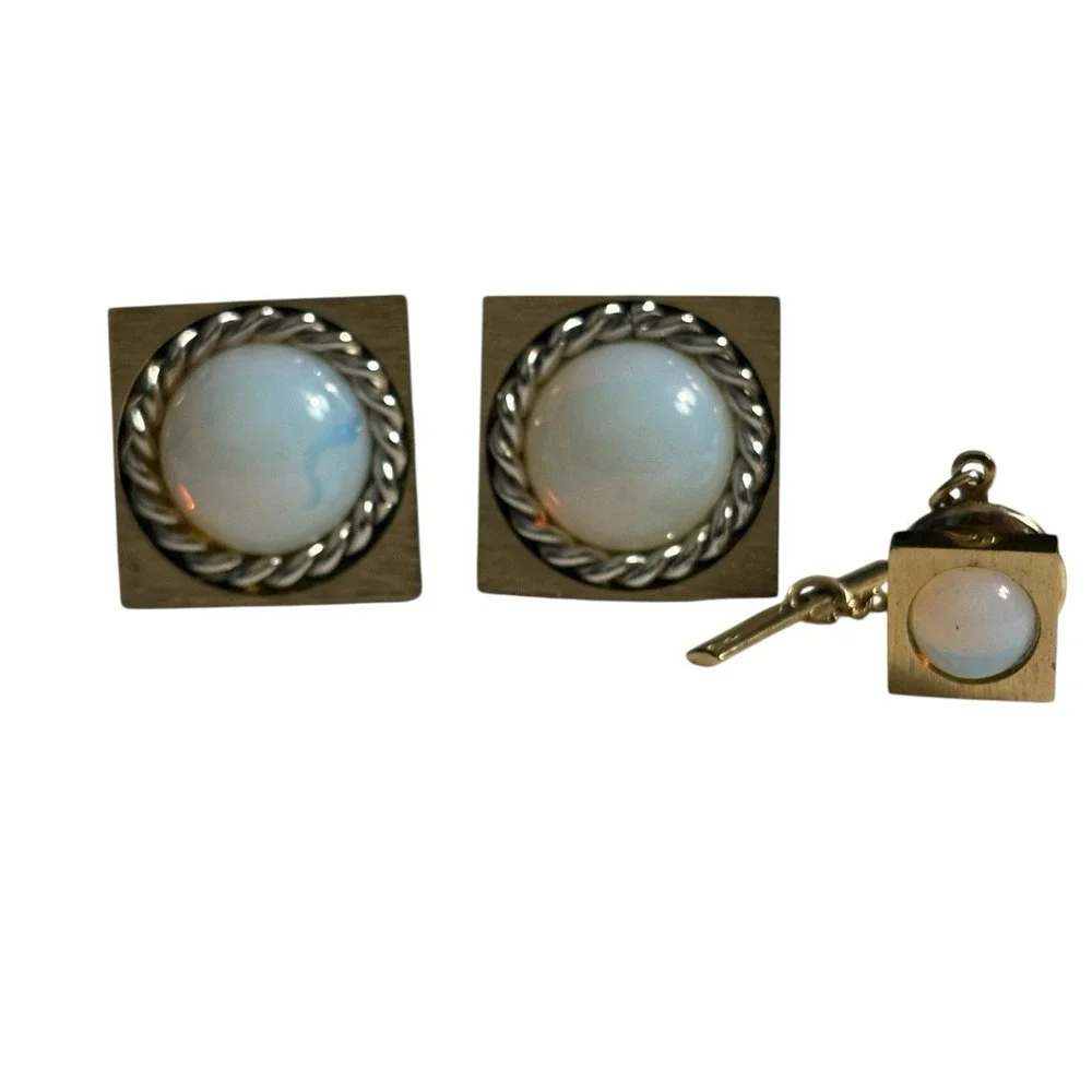 Foster Cufflinks Tie Tac Pin Set Cloudy White Round Acrylic Center Gold Tone VTG